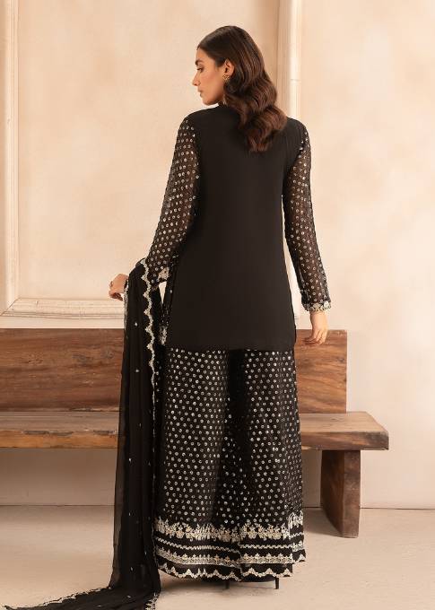 Pakistani Black Sequin Embroidered Chiffon Sharara (3-Piece) - Image 3
