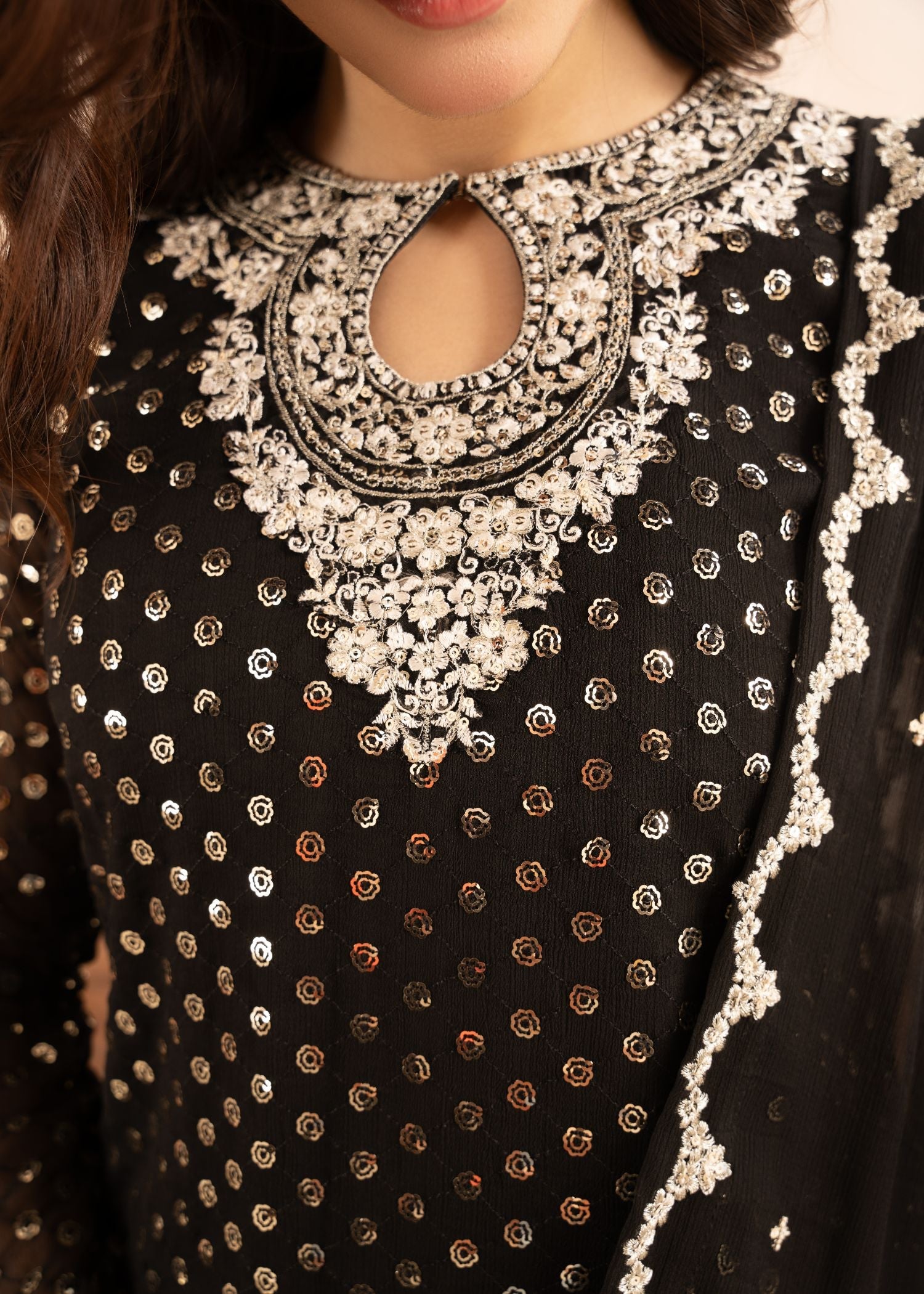 Pakistani Black Sequin Embroidered Chiffon Sharara (3-Piece) - Image 4