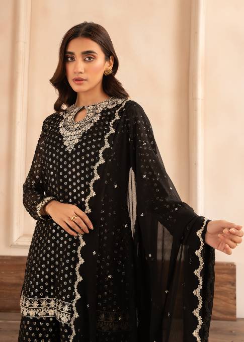Pakistani Black Sequin Embroidered Chiffon Sharara (3-Piece) - Image 5