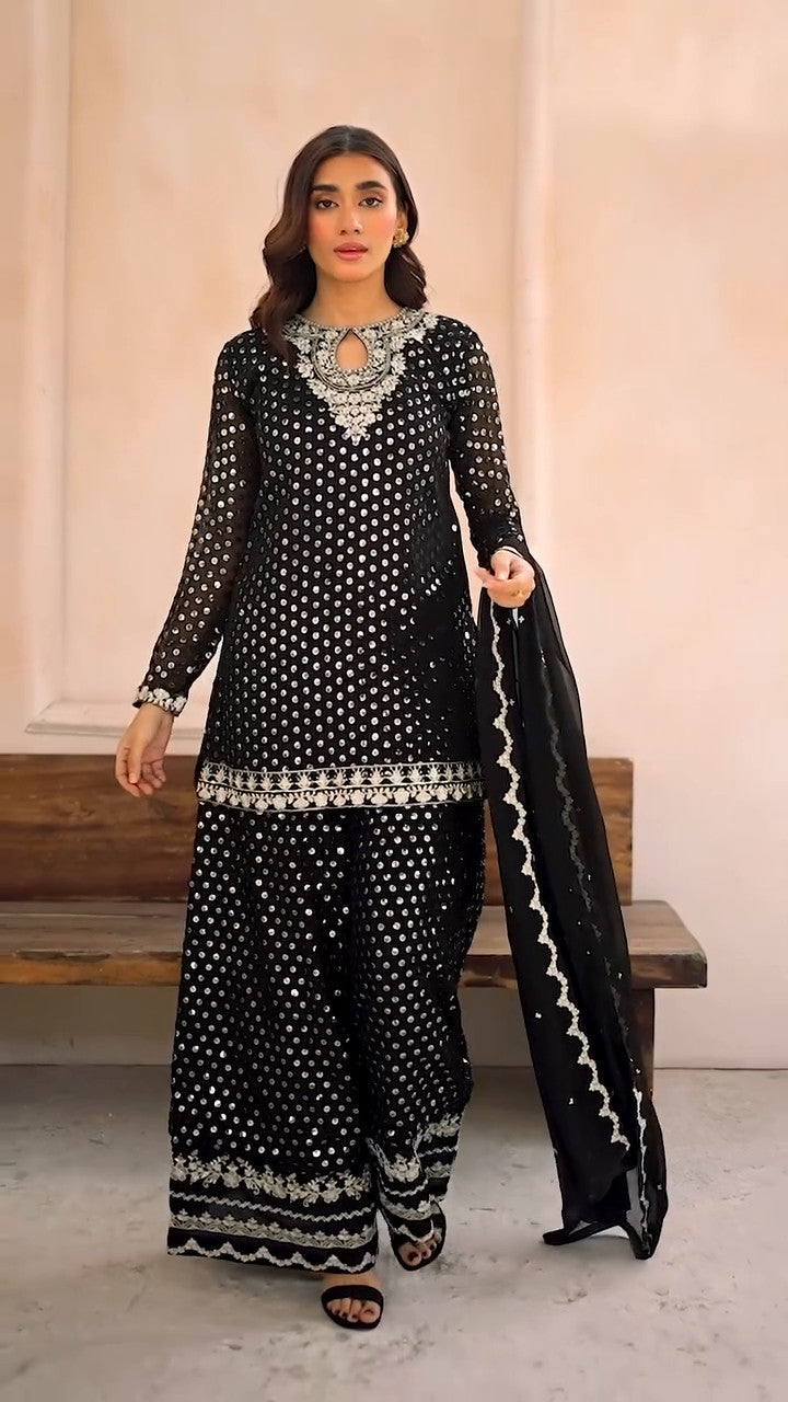 Pakistani Black Sequin Embroidered Chiffon Sharara (3-Piece) - Image 6
