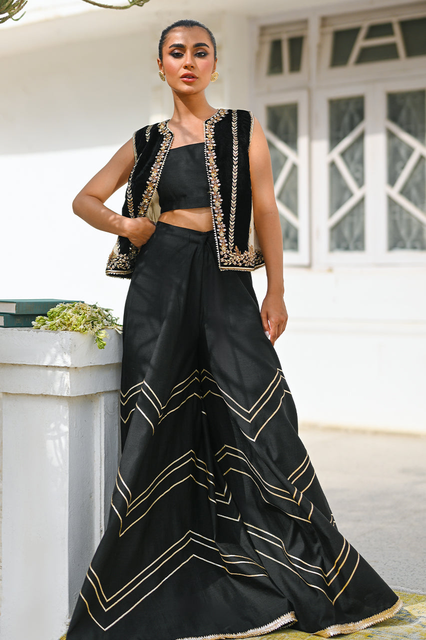 Pakistani Charcoal Embroidered Cotton Net & Silk Sharara (3-Piece) - Image 1