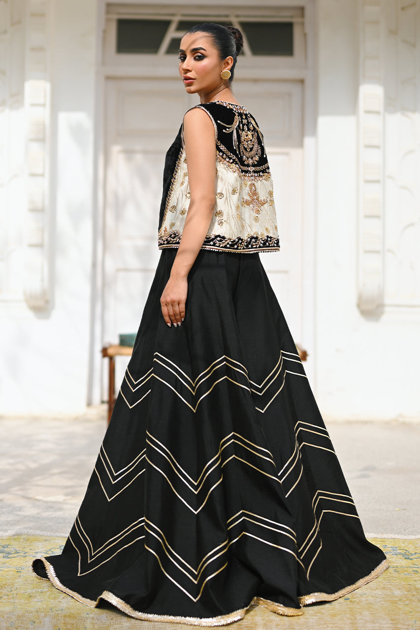 Pakistani Charcoal Embroidered Cotton Net & Silk Sharara (3-Piece) - Image 2