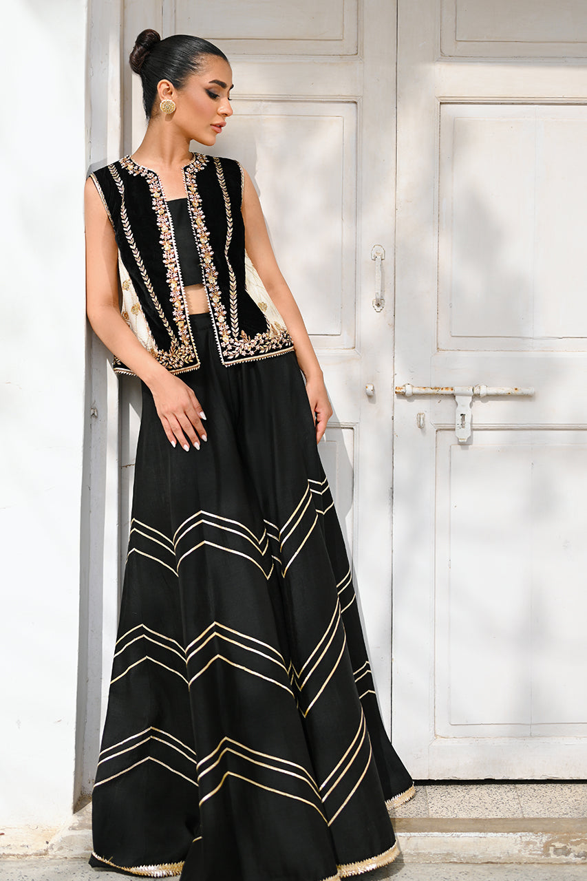 Pakistani Charcoal Embroidered Cotton Net & Silk Sharara (3-Piece) - Image 3