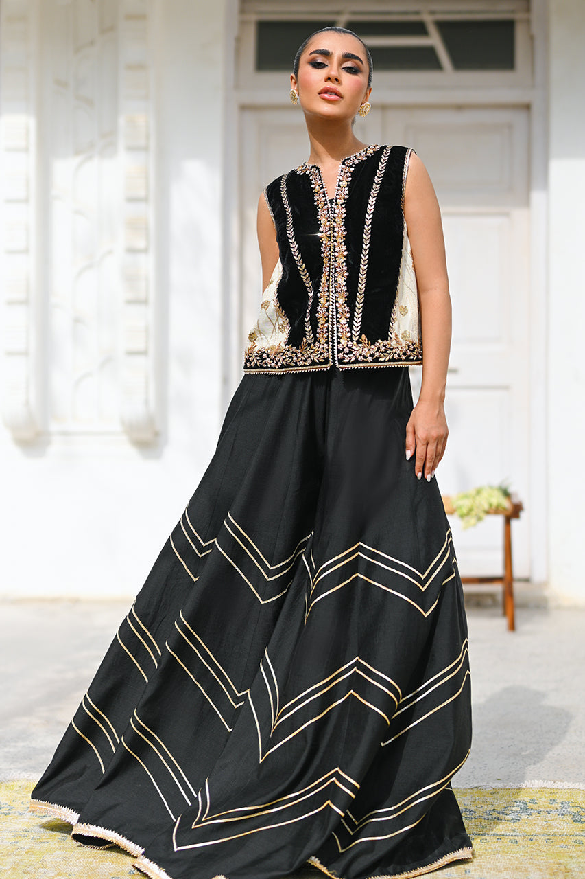 Pakistani Charcoal Embroidered Cotton Net & Silk Sharara (3-Piece) - Image 4