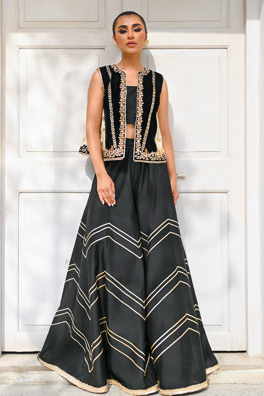 Pakistani Charcoal Embroidered Cotton Net & Silk Sharara (3-Piece) - Image 6