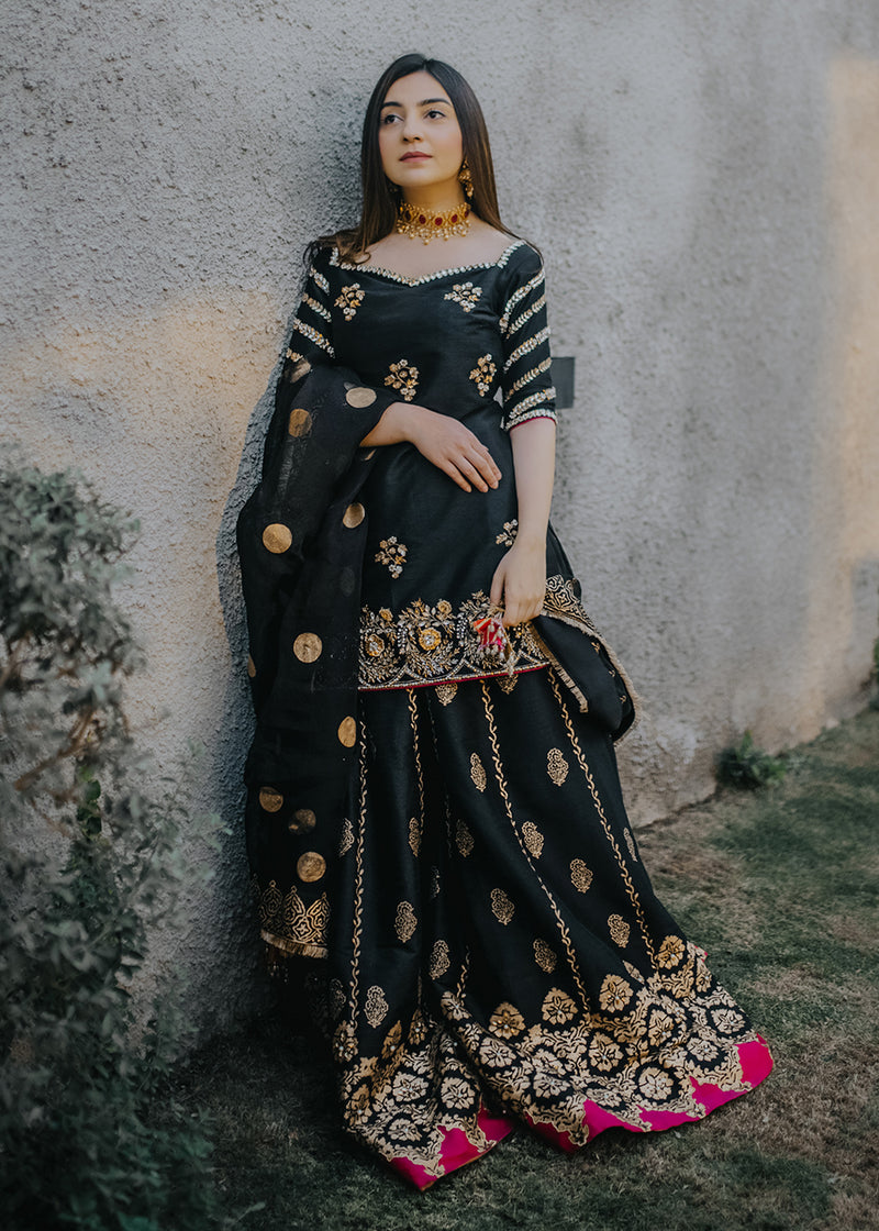 Pakistani Black Gold Blockprint Korean Rawsilk Sharara (3-Piece) - Image 1