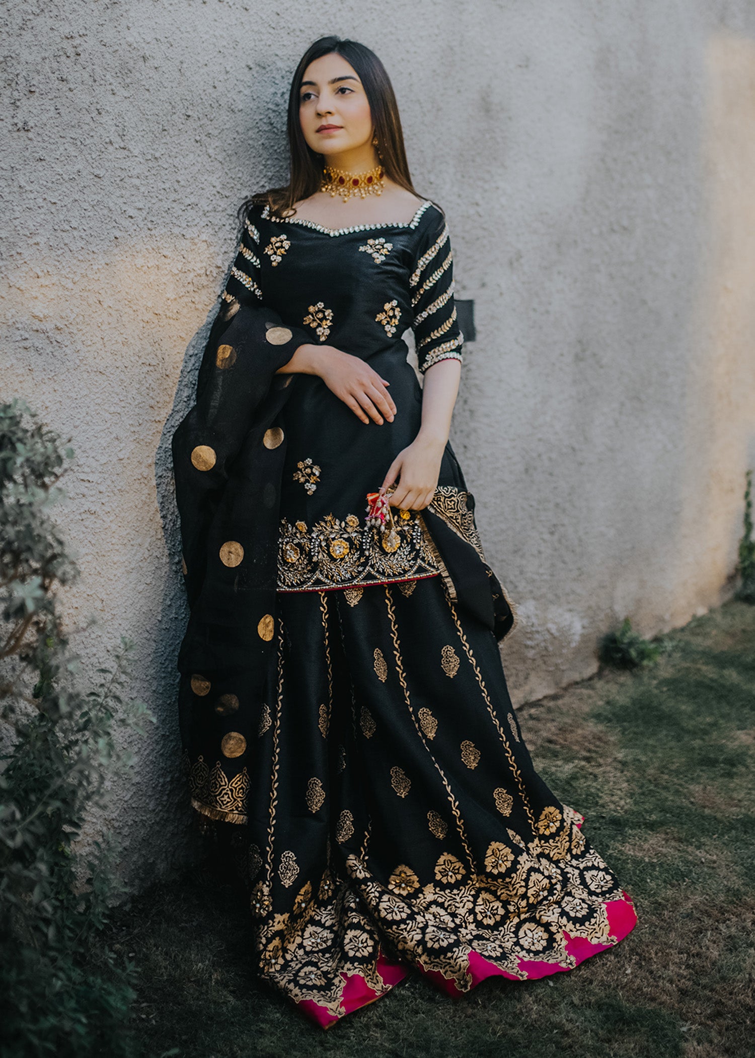 Pakistani Black Gold Blockprint Korean Rawsilk Sharara (3-Piece) - Image 3