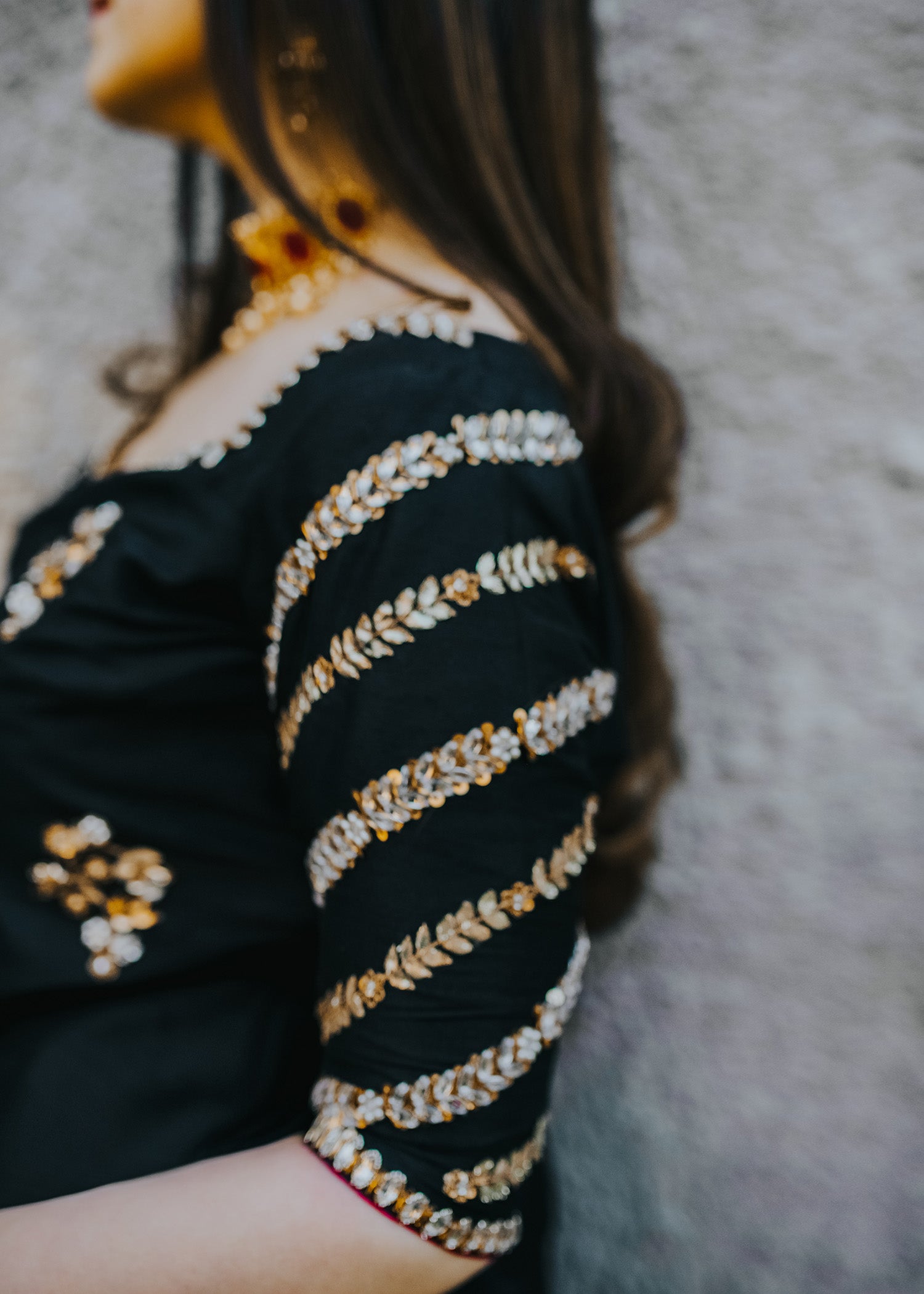 Pakistani Black Gold Blockprint Korean Rawsilk Sharara (3-Piece) - Image 4