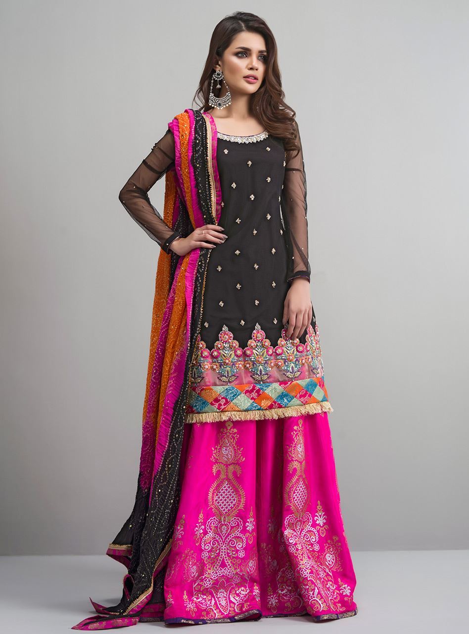 Pakistani Black Embroidered Net Sharara (3-Piece) - Image 1