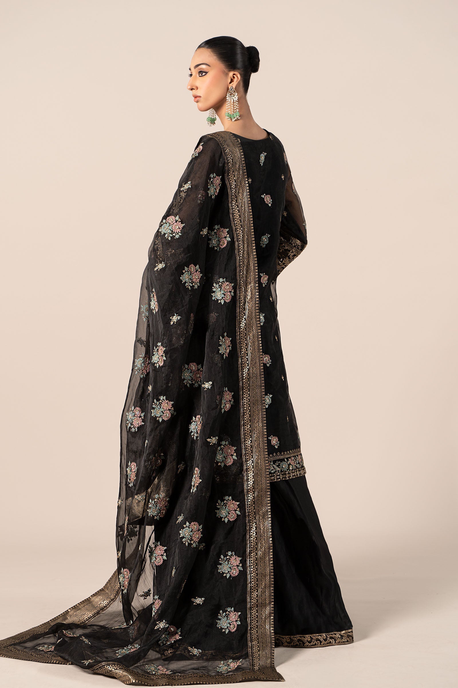 Black Embroidered Organza Sharara Set (3-Piece) - Image 13