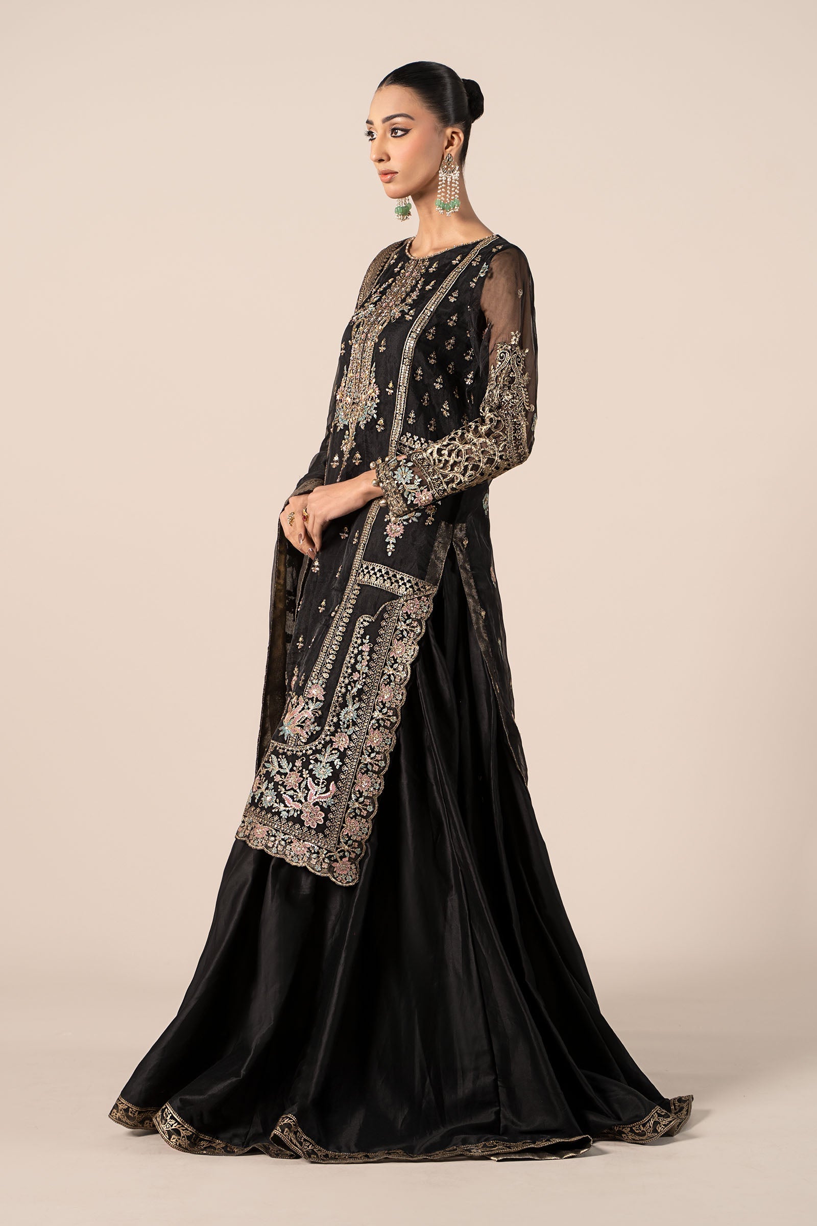 Black Embroidered Organza Sharara Set (3-Piece) - Image 15