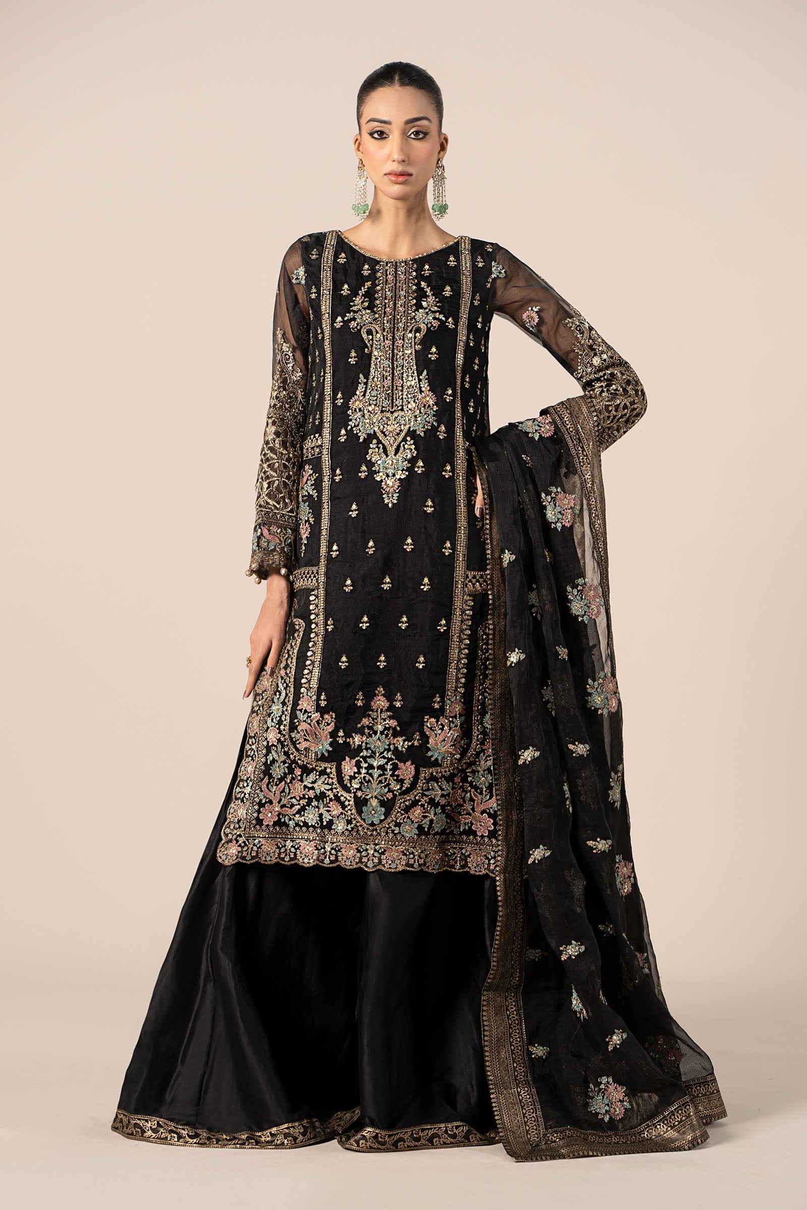 Black Embroidered Organza Sharara Set (3-Piece) - Image 16
