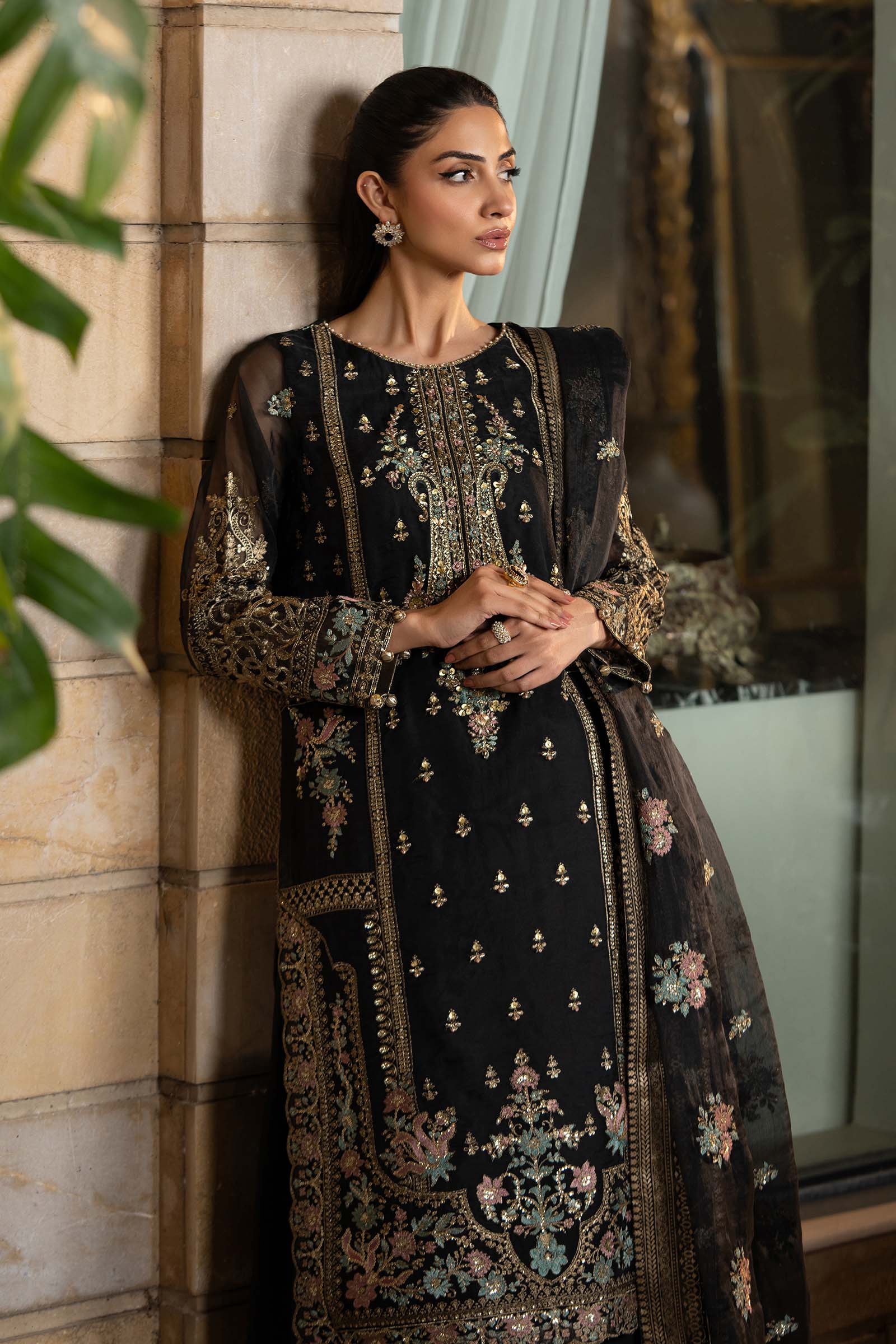 Black Embroidered Organza Sharara Set (3-Piece) - Image 2