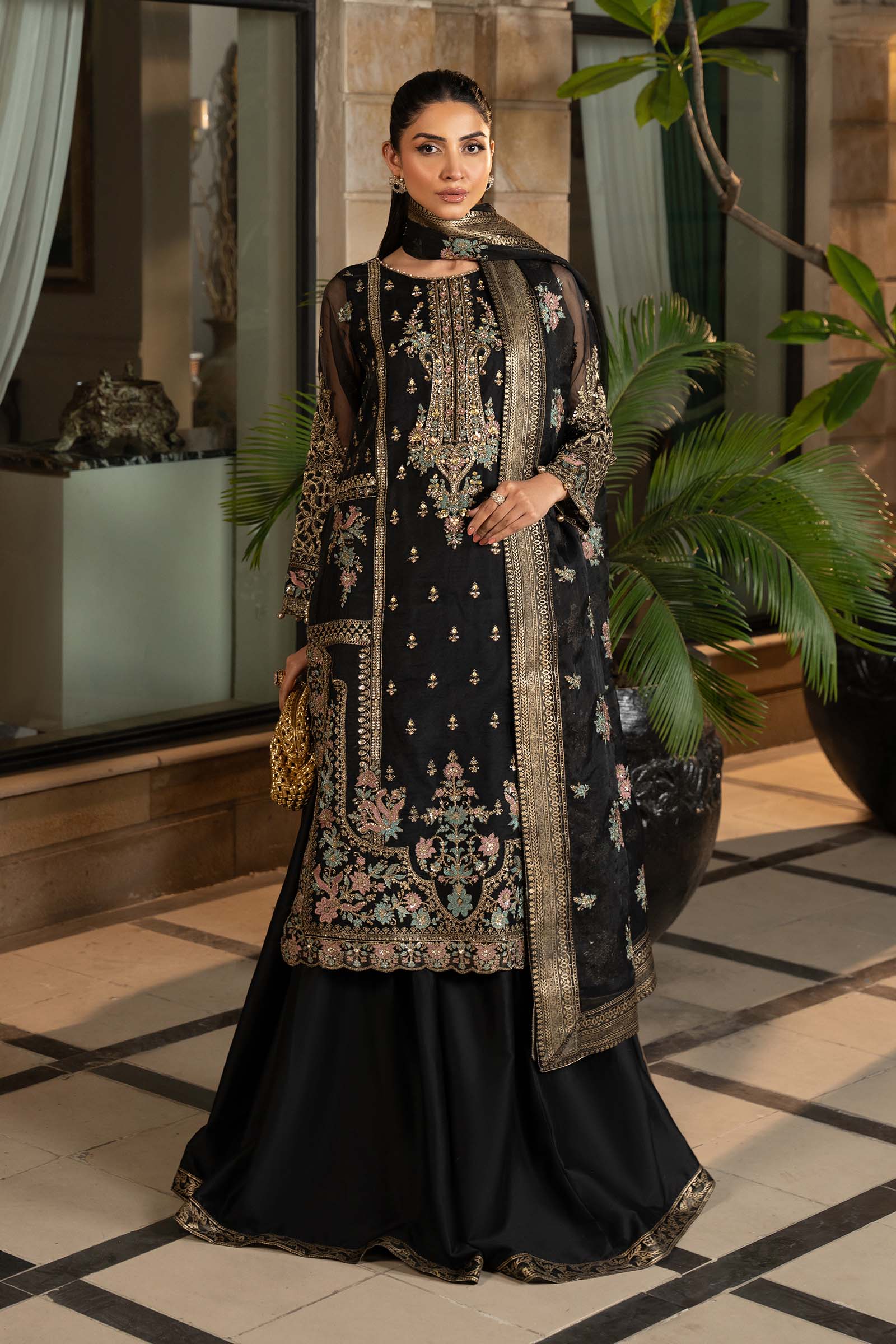 Black Embroidered Organza Sharara Set (3-Piece) - Image 3