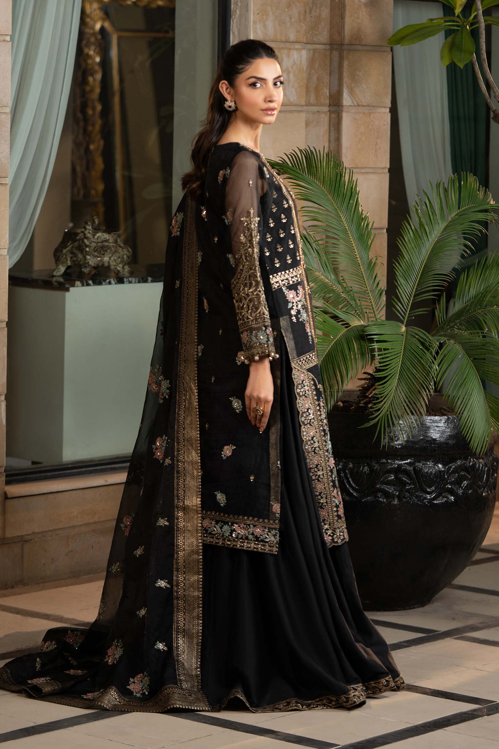 Black Embroidered Organza Sharara Set (3-Piece) - Image 5