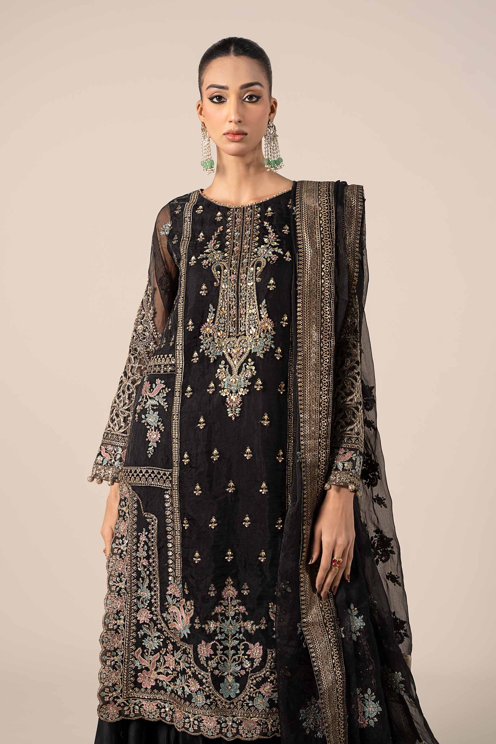 Black Embroidered Organza Sharara Set (3-Piece) - Image 6