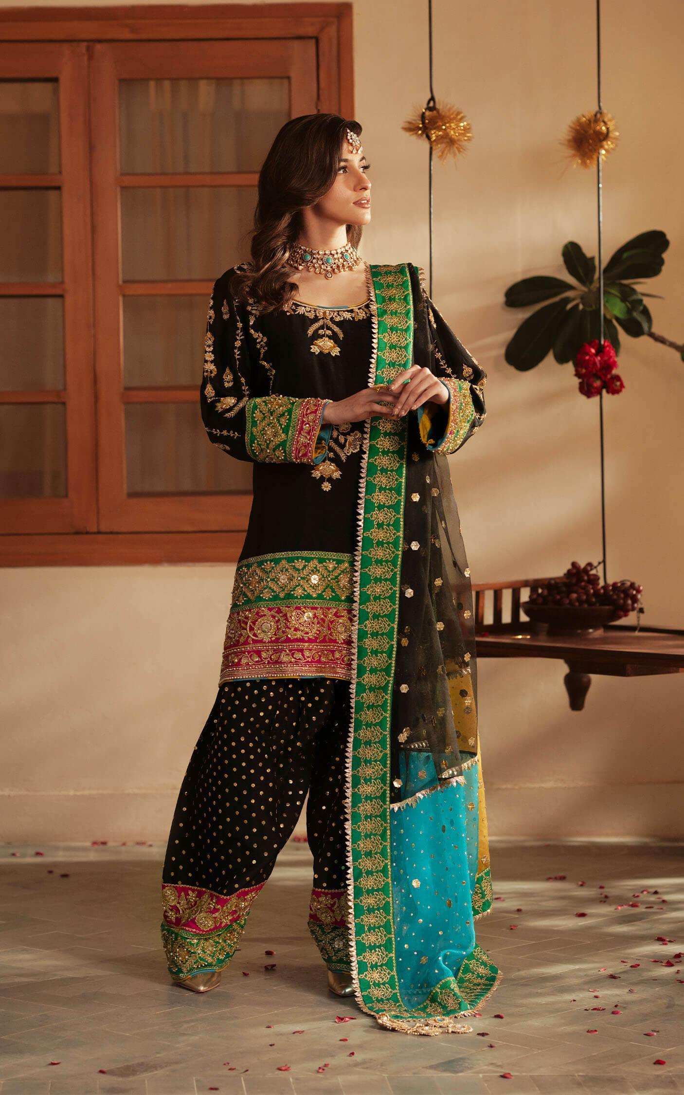Pakistani Black Embroidered Raw Silk Sharara Set (3-Piece) - Image 2