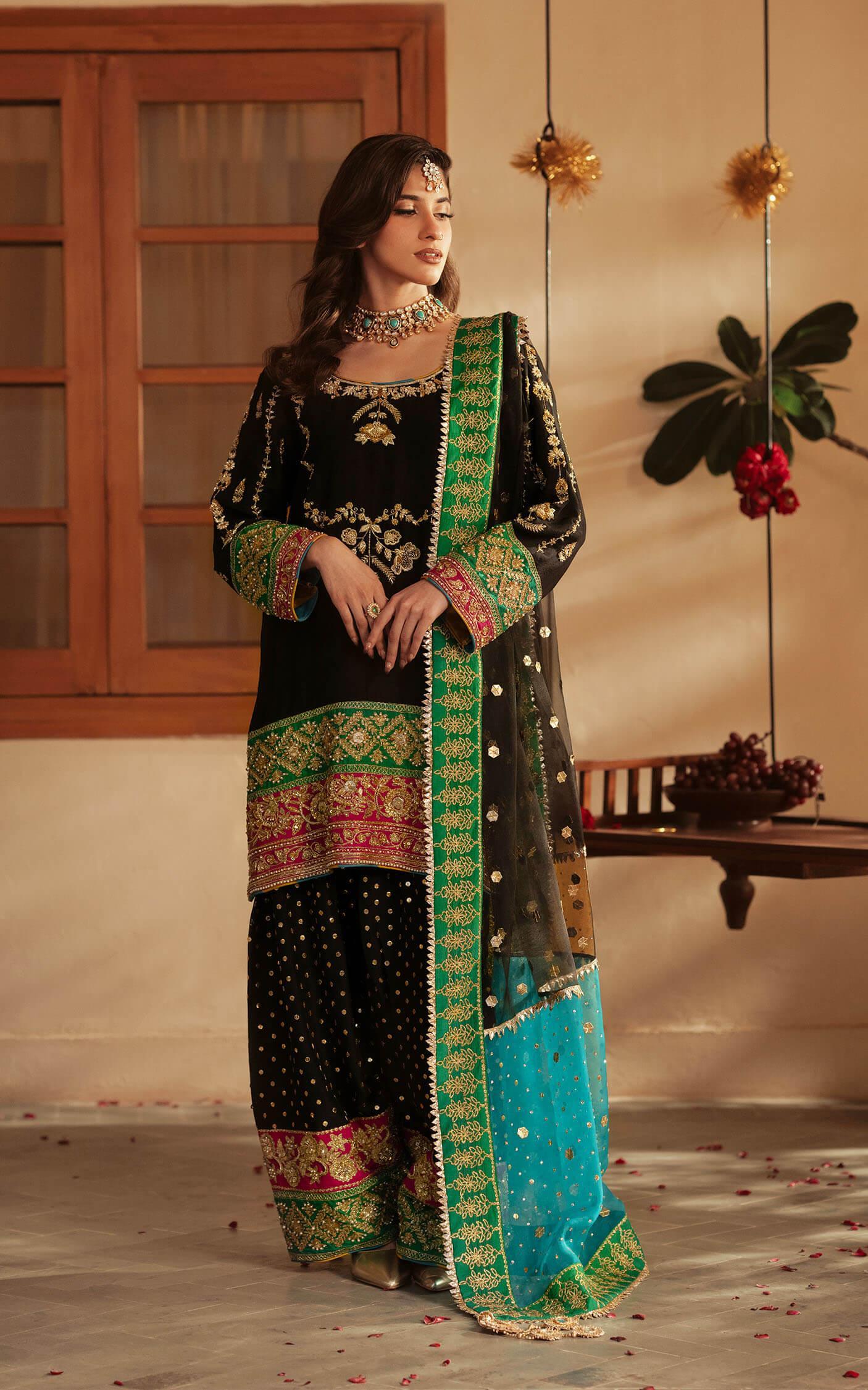 Pakistani Black Embroidered Raw Silk Sharara Set (3-Piece) - Image 3