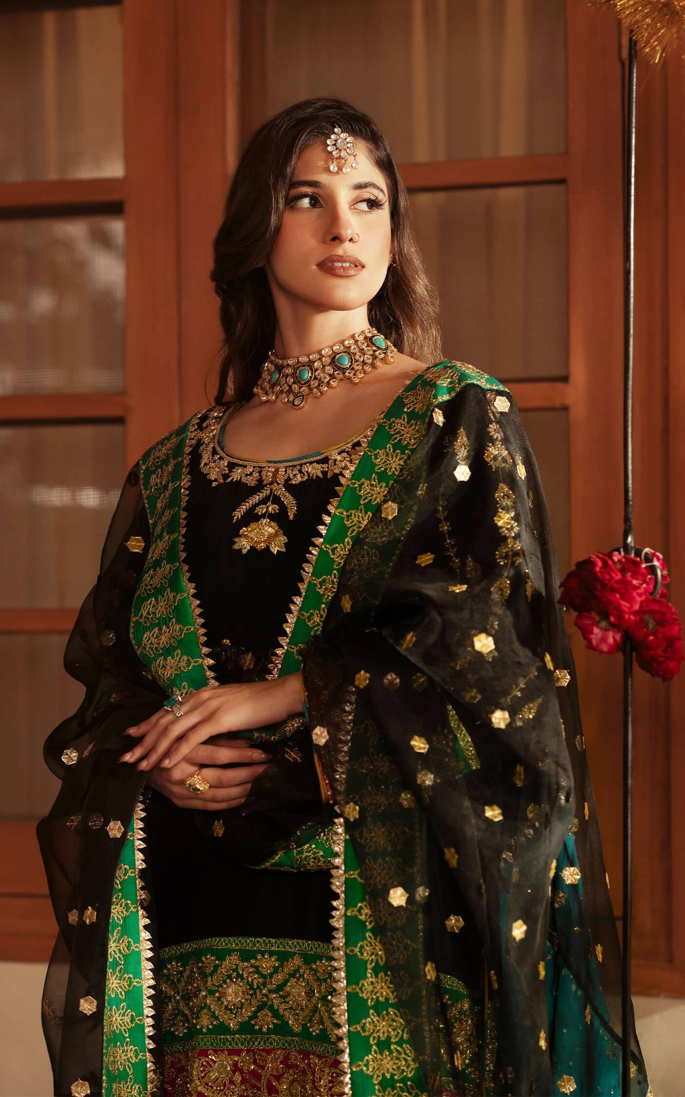 Pakistani Black Embroidered Raw Silk Sharara Set (3-Piece) - Image 4