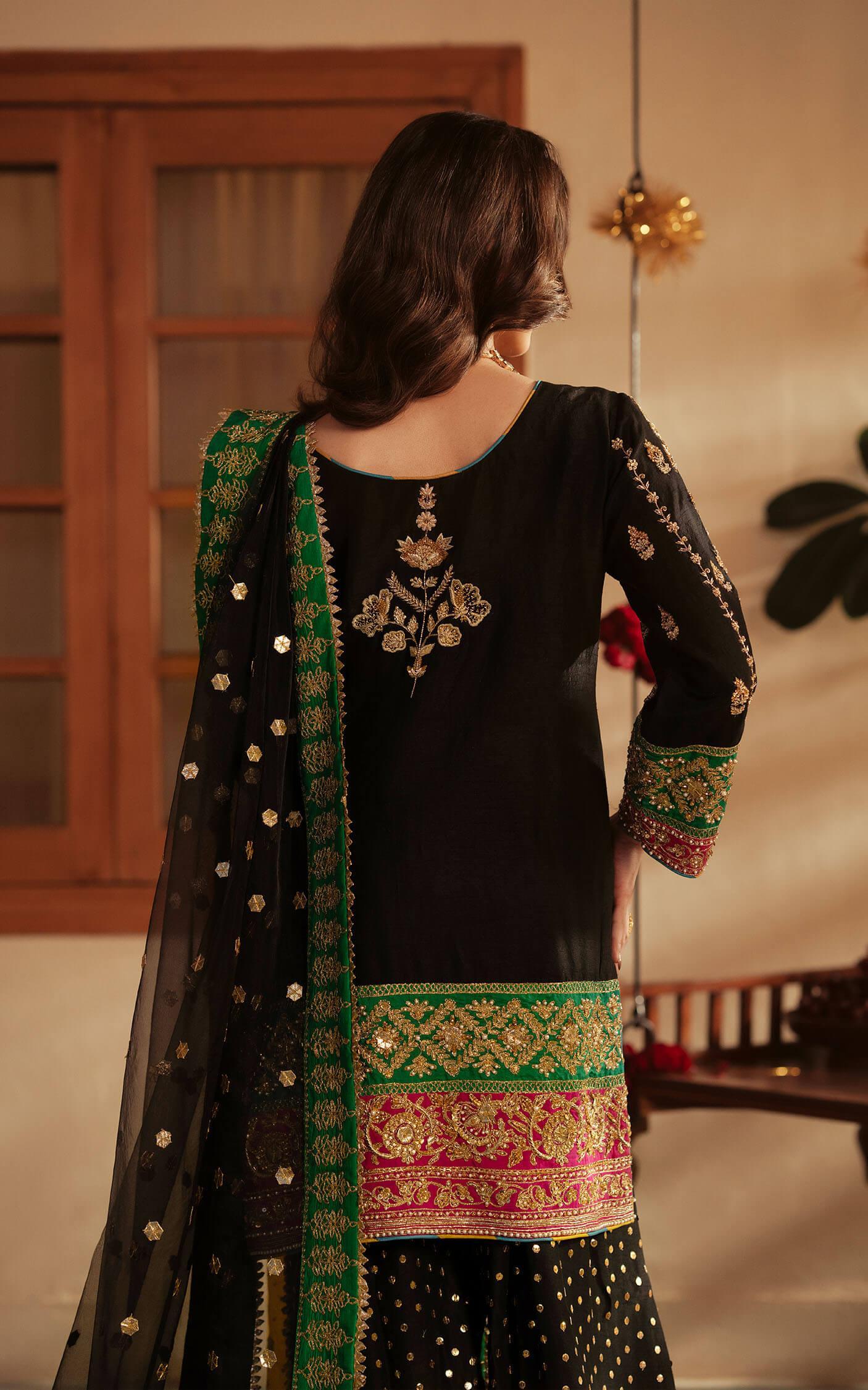 Pakistani Black Embroidered Raw Silk Sharara Set (3-Piece) - Image 5