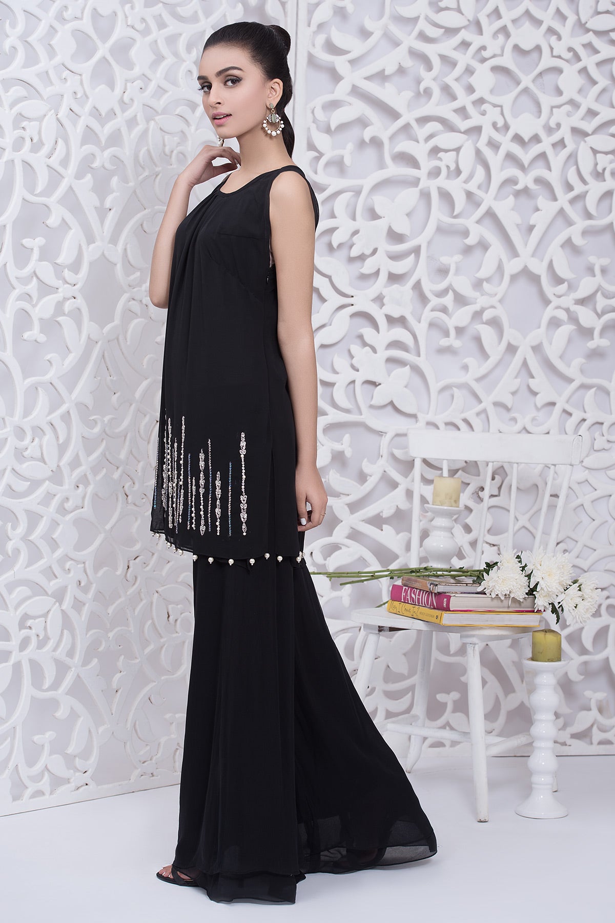 Pakistani Black Hand-Embellished Silk Shirt with Velvet Pants (2-Piece) - Image 2