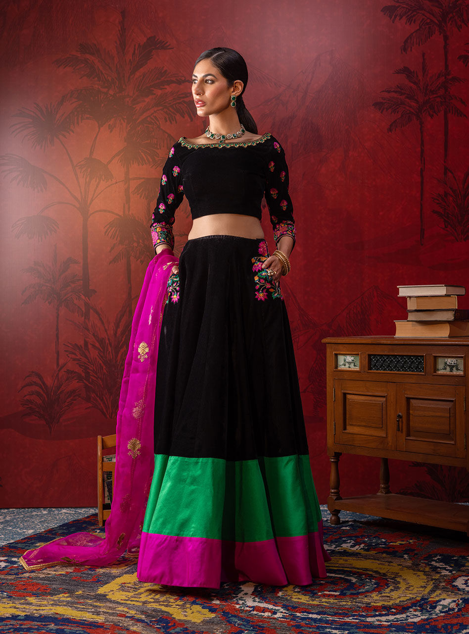 Pakistani Black Embroidered Velvet & Organza Sharara (3-Piece) - Image 5