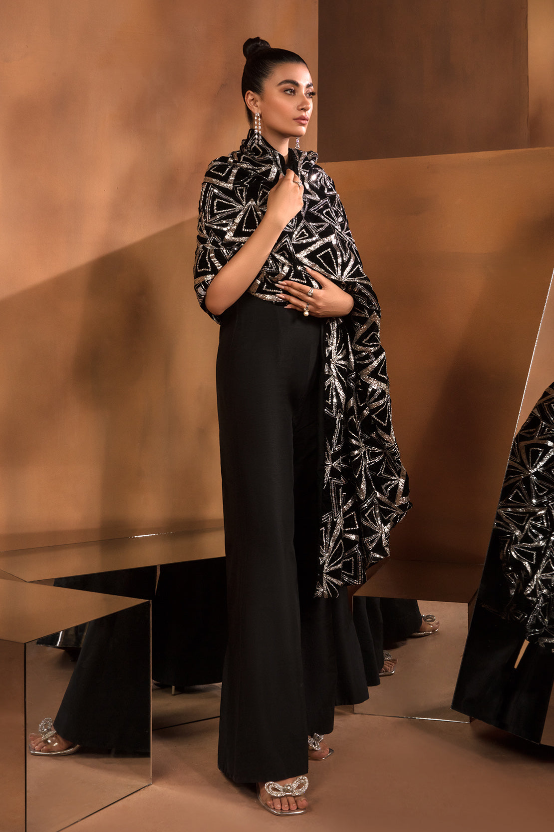 Black Velvet Shawl with Cut Stone & Sequin (1-Pc) - Image 1