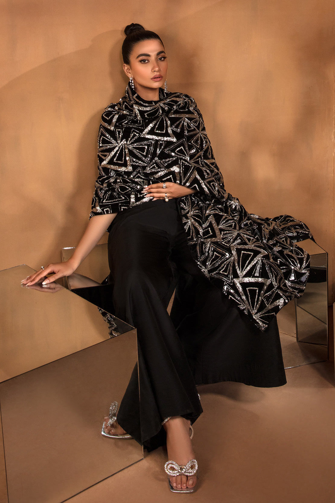 Black Velvet Shawl with Cut Stone & Sequin (1-Pc) - Image 2