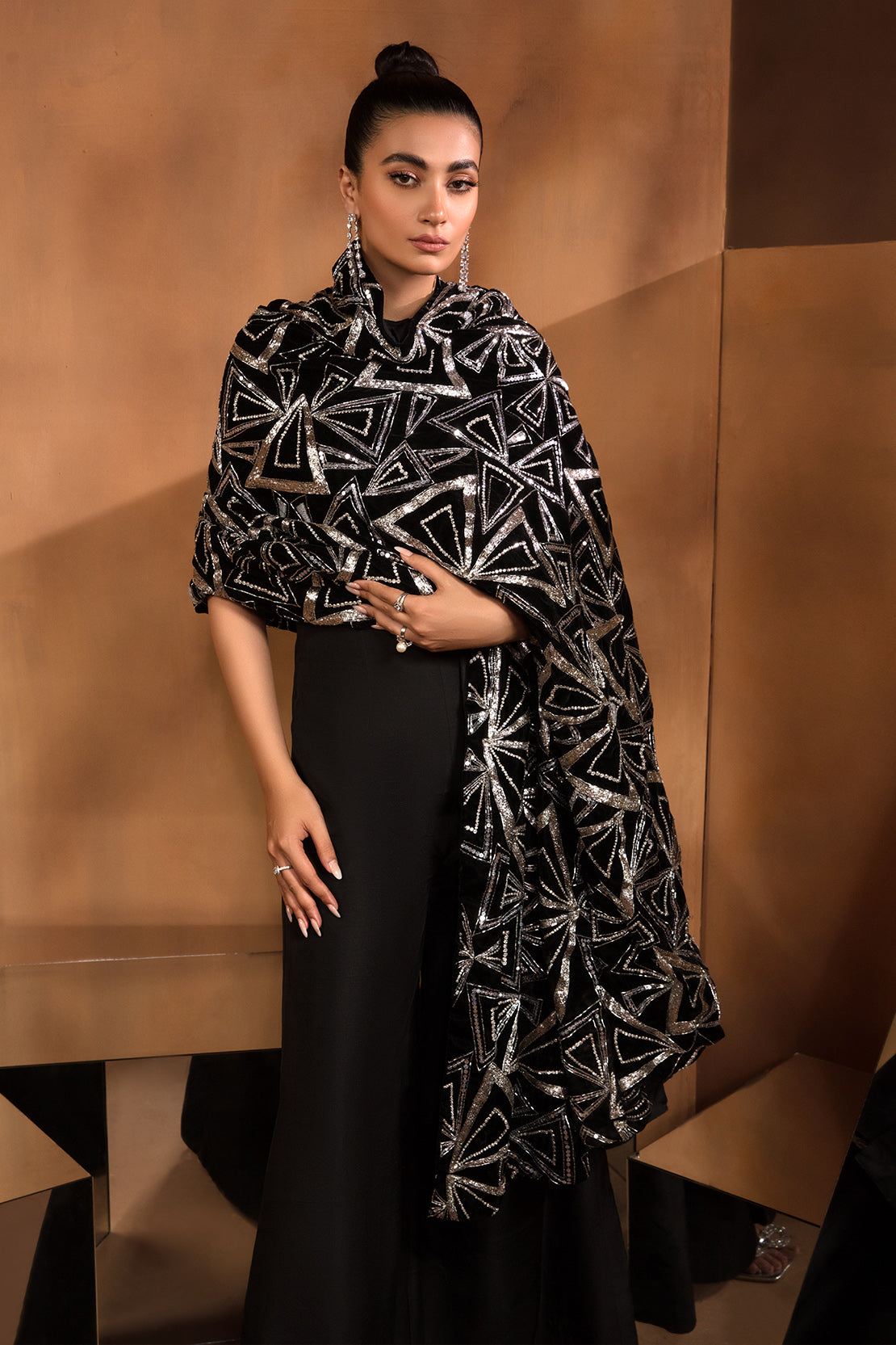 Black Velvet Shawl with Cut Stone & Sequin (1-Pc) - Image 5