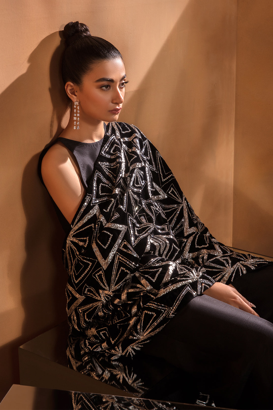 Black Velvet Shawl with Cut Stone & Sequin (1-Pc) - Image 6