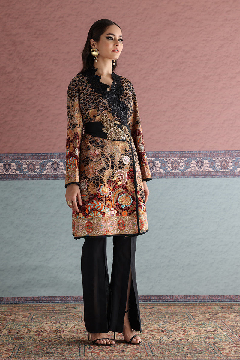 Pakistani Black Resham Zardozi Silk Short Jacket (2-Piece) - Image 2