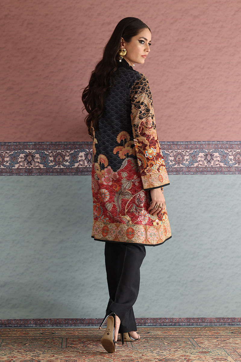 Pakistani Black Resham Zardozi Silk Short Jacket (2-Piece) - Image 3