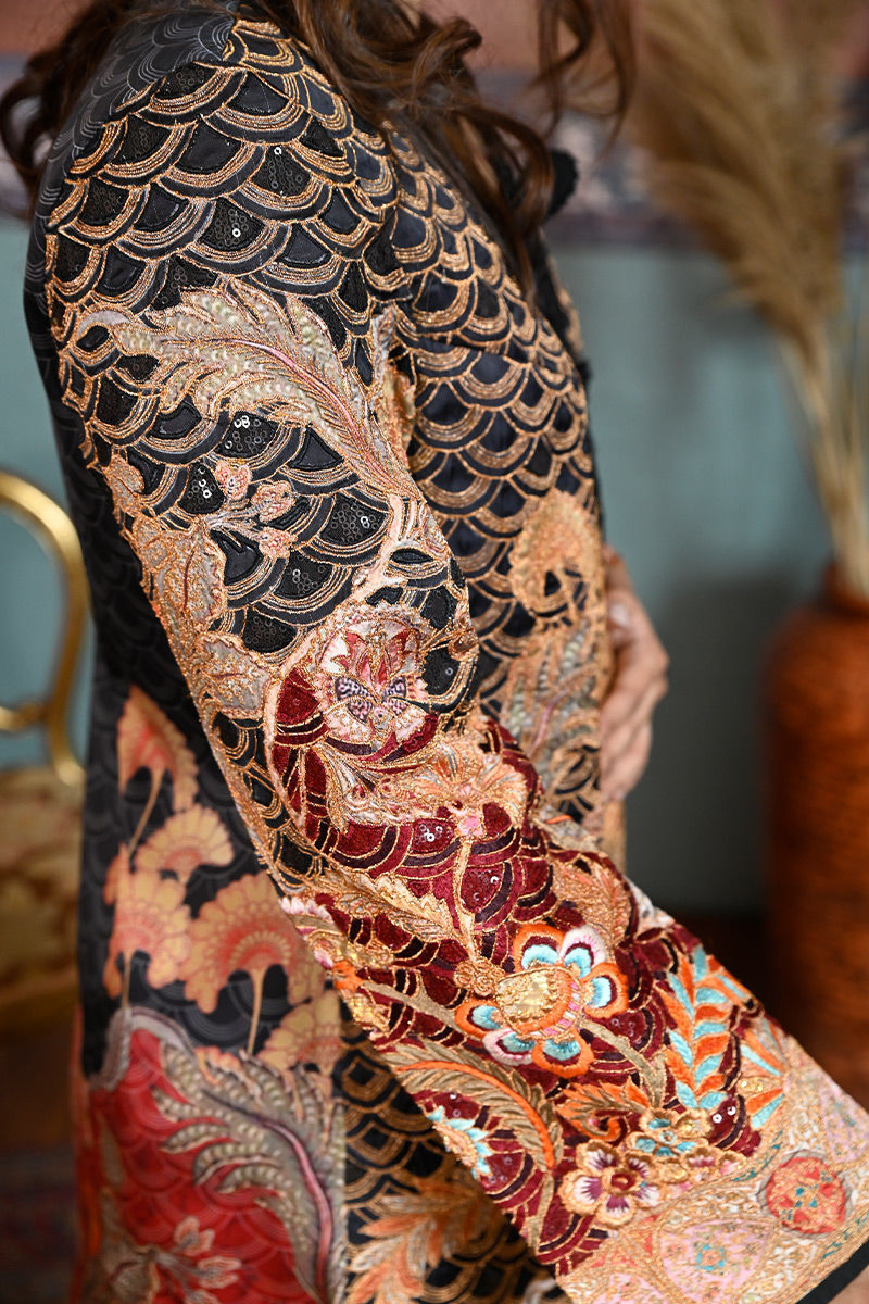 Pakistani Black Resham Zardozi Silk Short Jacket (2-Piece) - Image 5