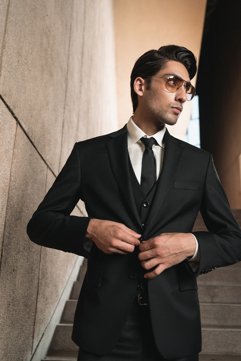 Onyx Black Wool Blend Three-Piece Suit (Men's) - Image 2