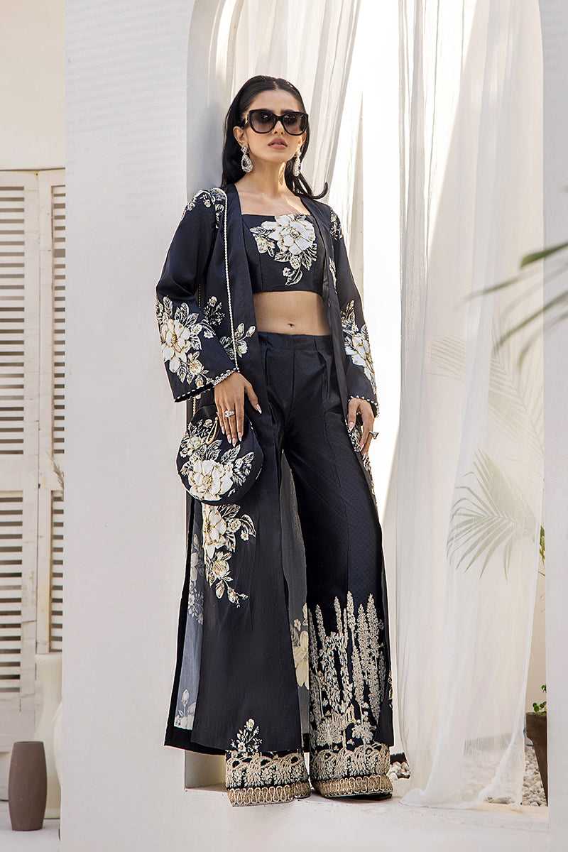 Pakistani Black Digital Print Satin-Blend 3-Piece Set (Women) - Image 1