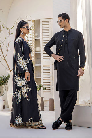 Pakistani Black Digital Print Satin-Blend 3-Piece Set (Women) - Image 11