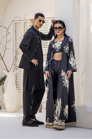 Pakistani Black Digital Print Satin-Blend 3-Piece Set (Women) - Image 12