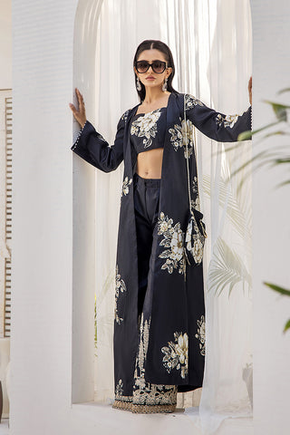 Pakistani Black Digital Print Satin-Blend 3-Piece Set (Women) - Image 5