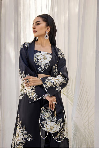Pakistani Black Digital Print Satin-Blend 3-Piece Set (Women) - Image 8