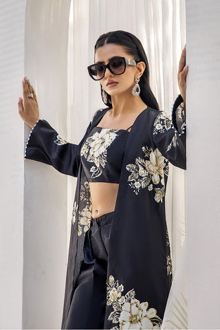 Pakistani Black Digital Print Satin-Blend 3-Piece Set (Women) - Image 9