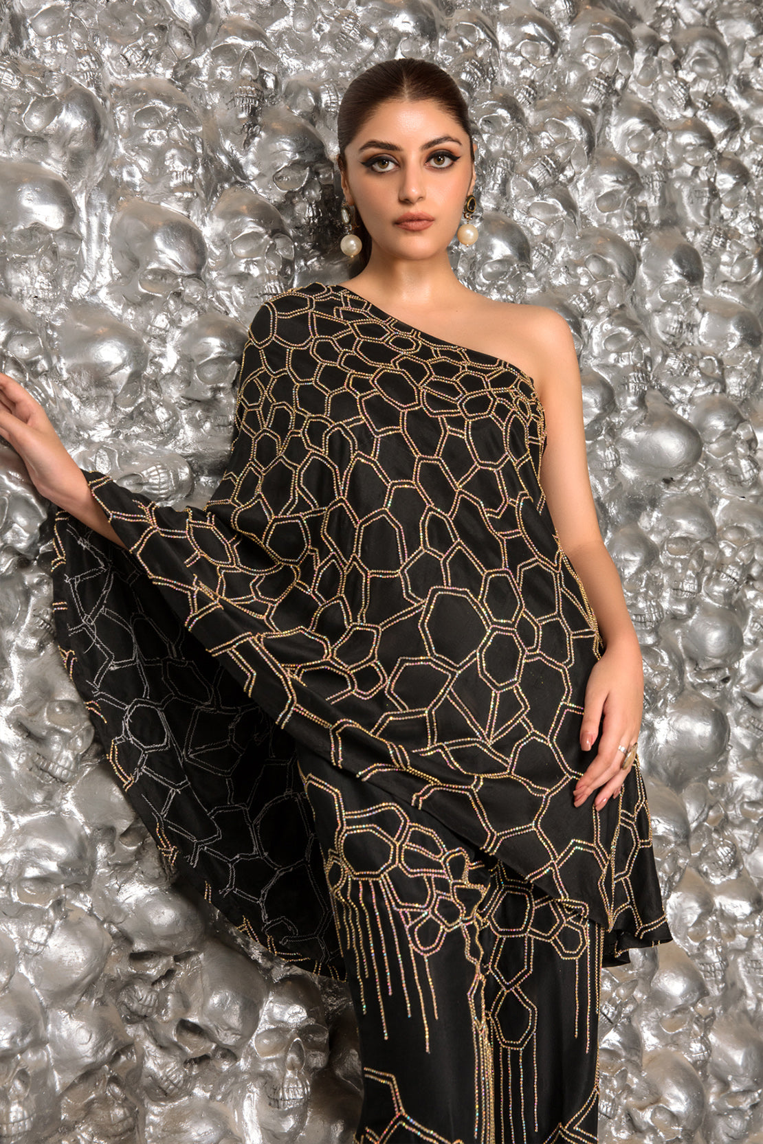 Black Crystal-Embellished Raw Silk Top & Trousers (2-Piece) - Image 3