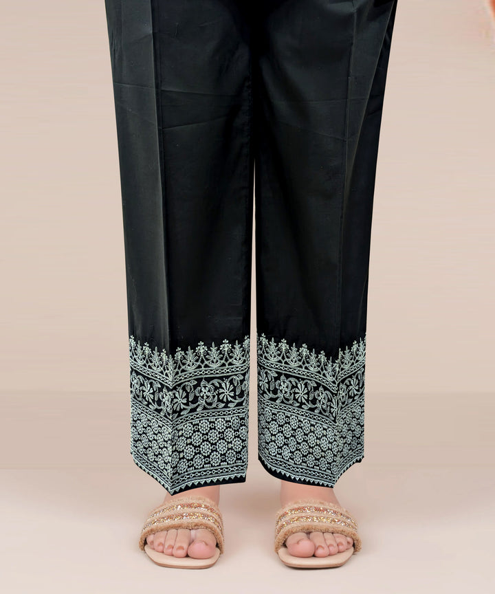 Pakistani Black Embroidered Cotton Straight Trousers (1-Pc) - Image 1
