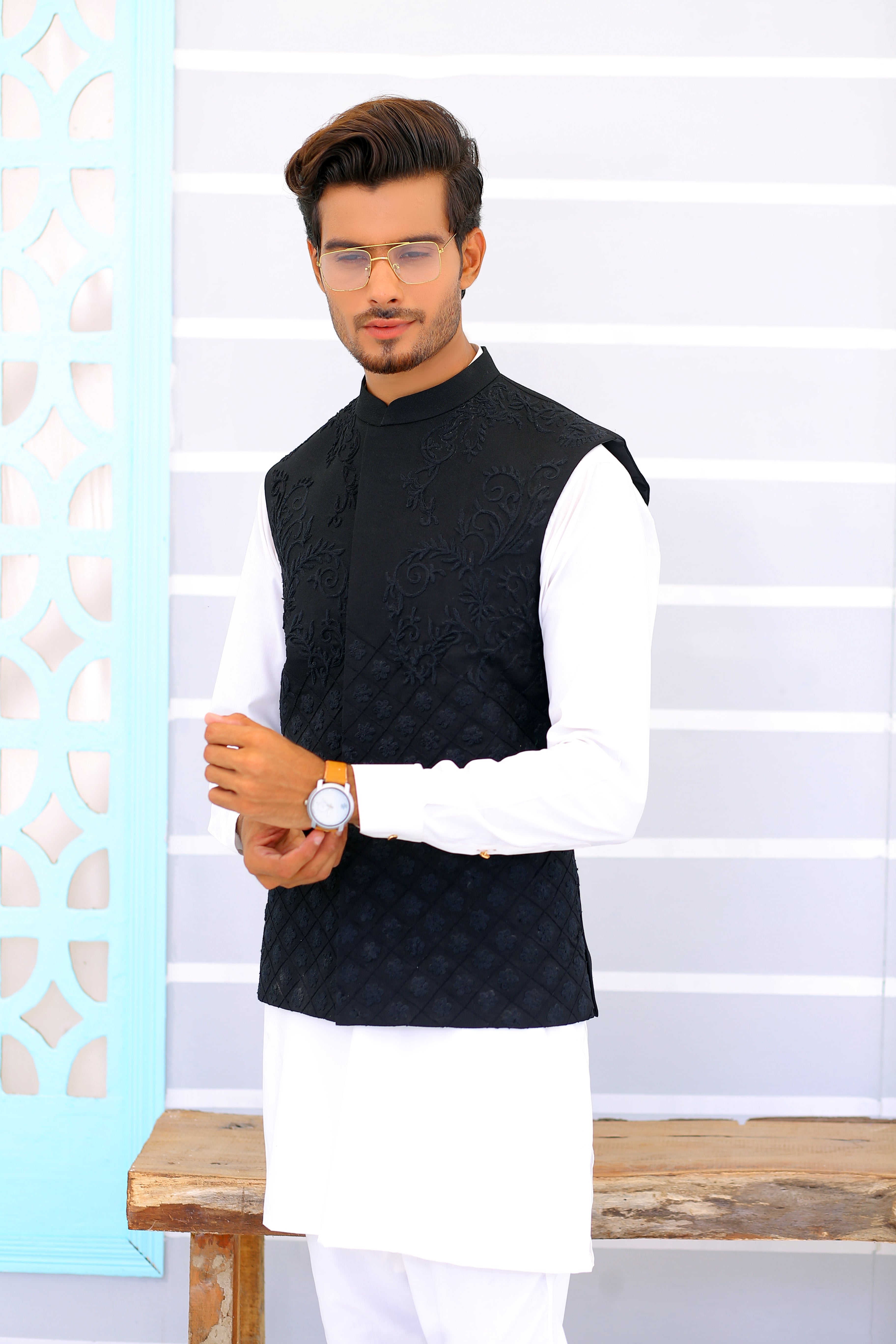 Black Jacquard Nehru Collar Waistcoat (1-Pc) - Image 2