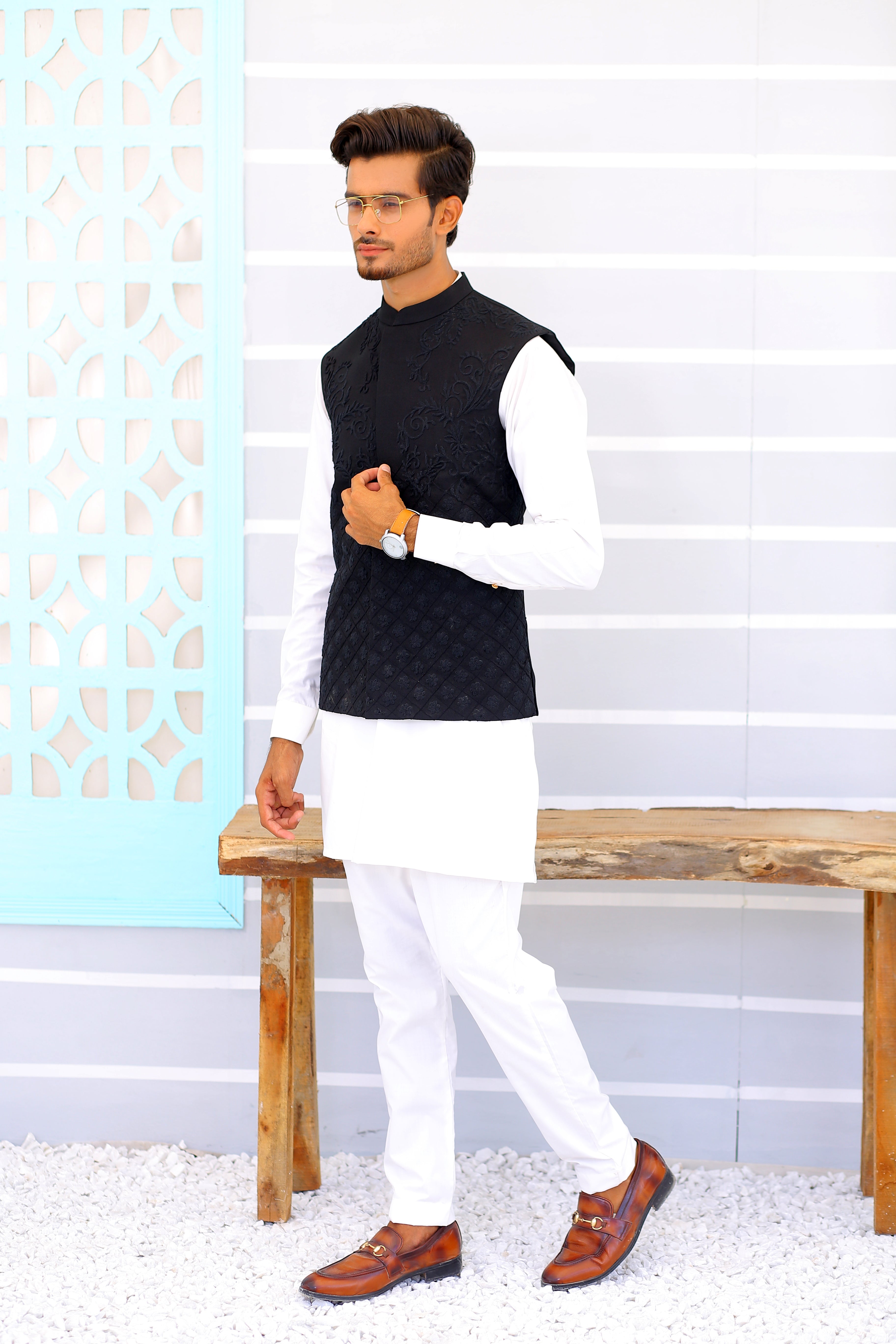 Black Jacquard Nehru Collar Waistcoat (1-Pc) - Image 3