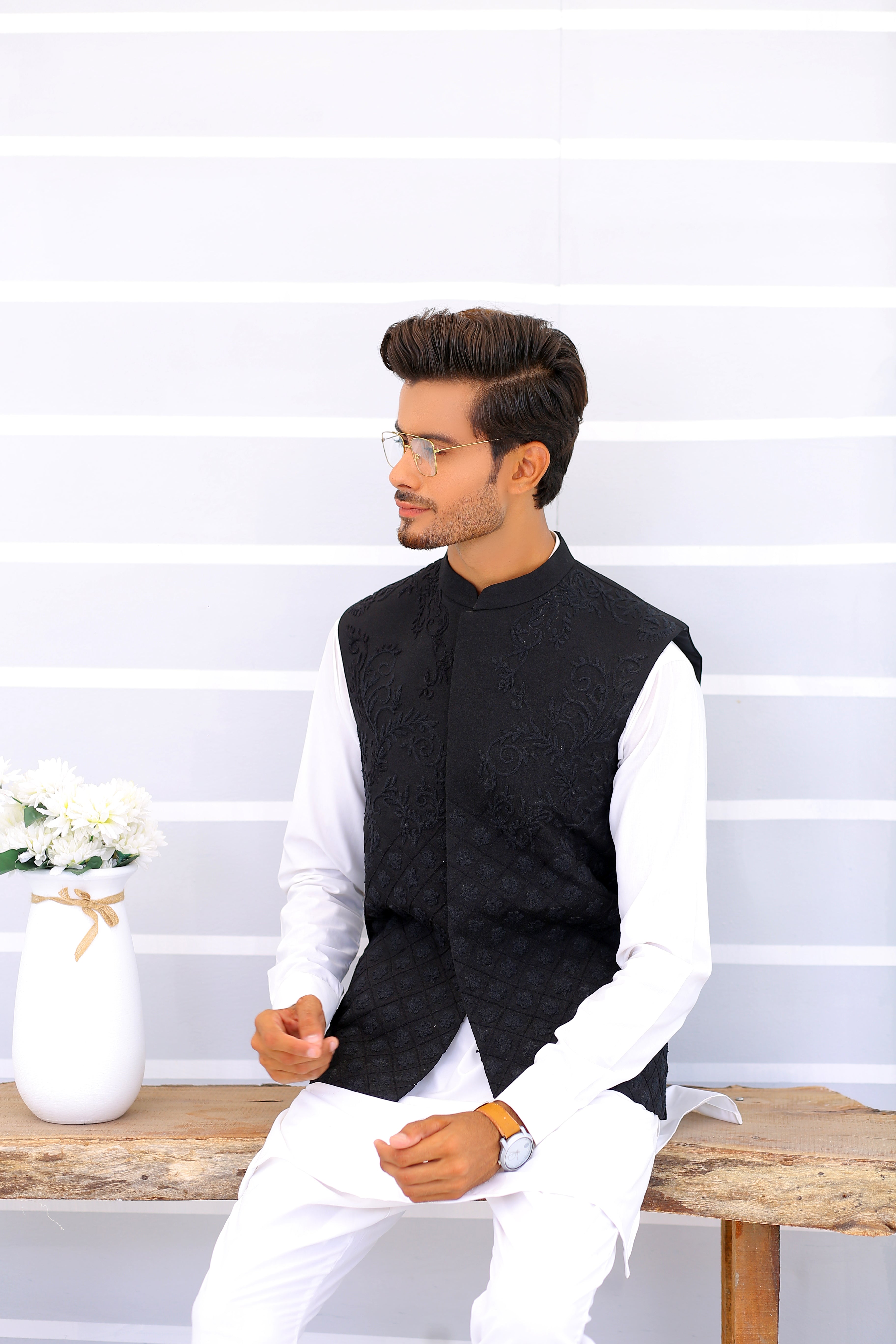 Black Jacquard Nehru Collar Waistcoat (1-Pc) - Image 5