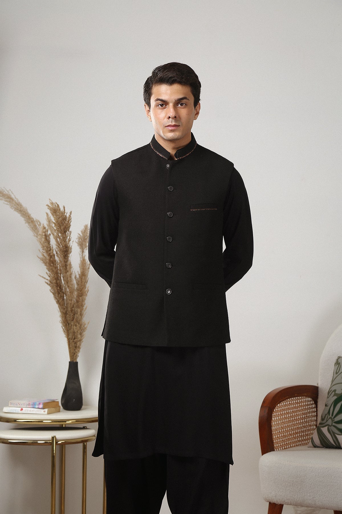 Black Contrast Embroidered Acrylic-Wool Tweed Waistcoat (3-Piece) - Image 1