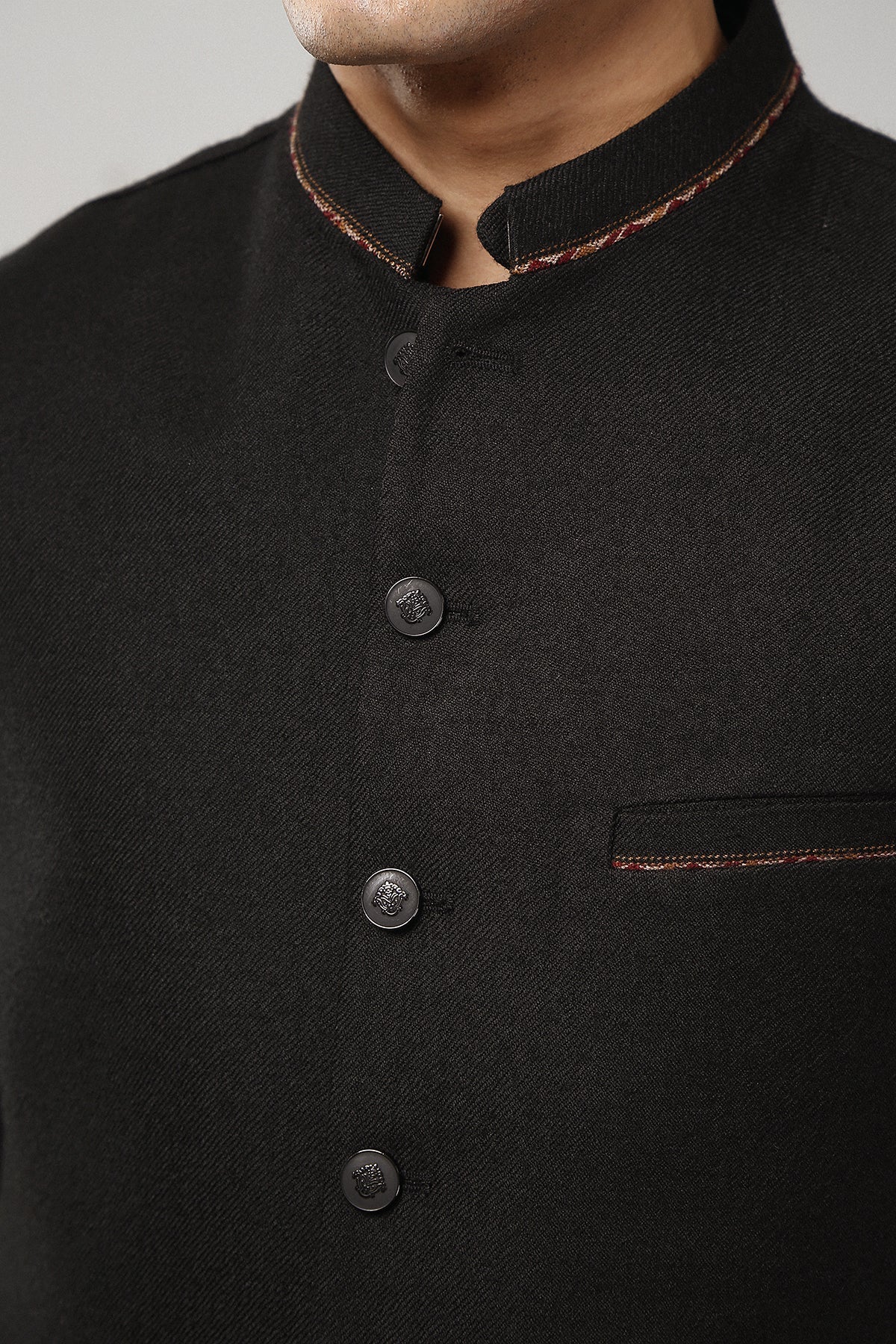 Black Contrast Embroidered Acrylic-Wool Tweed Waistcoat (3-Piece) - Image 2