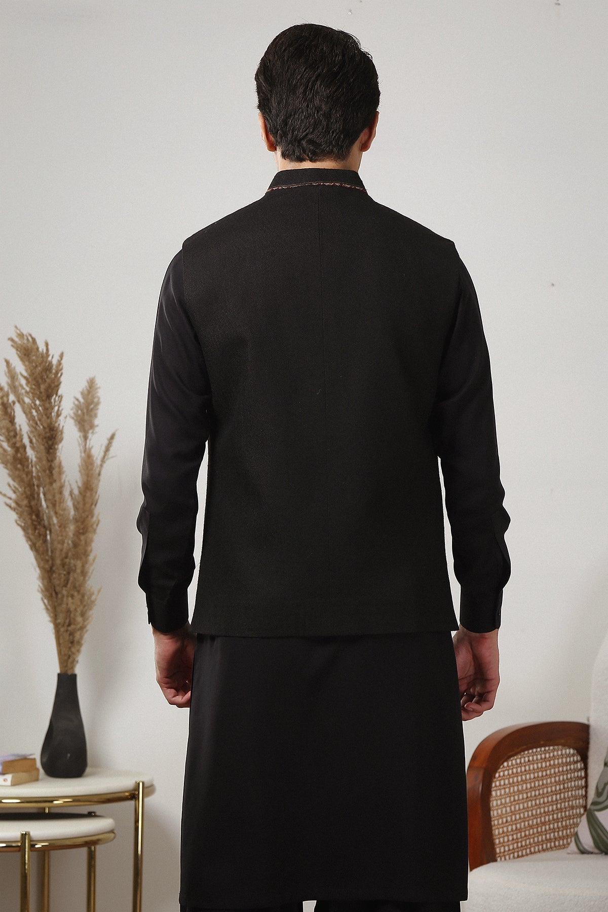 Black Contrast Embroidered Acrylic-Wool Tweed Waistcoat (3-Piece) - Image 3