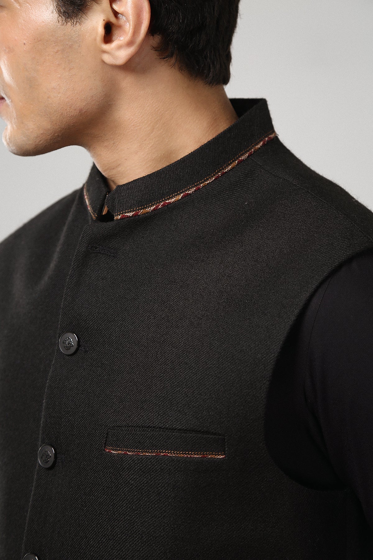Black Contrast Embroidered Acrylic-Wool Tweed Waistcoat (3-Piece) - Image 4