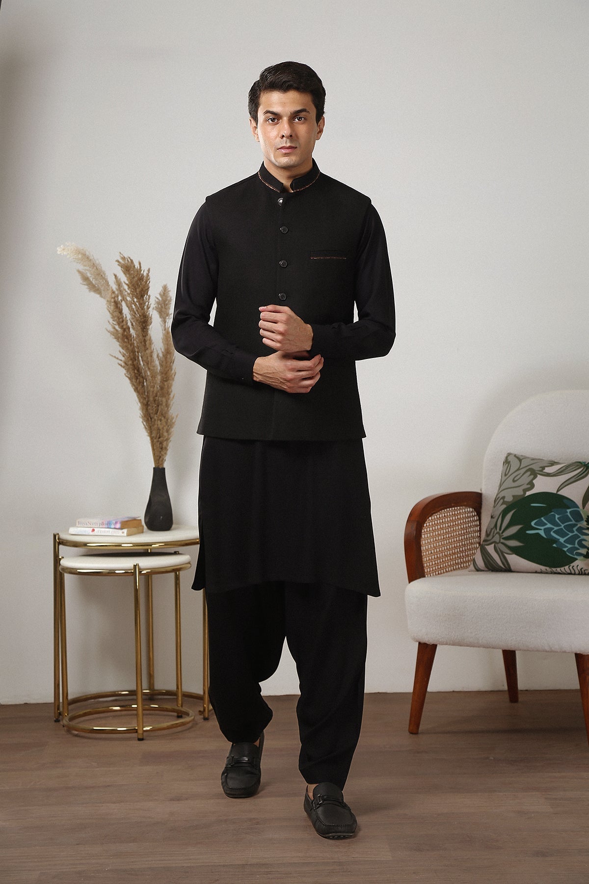 Black Contrast Embroidered Acrylic-Wool Tweed Waistcoat (3-Piece) - Image 5